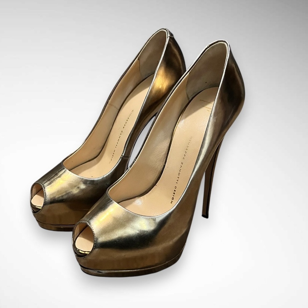 GIUSEPPE ZANOTTI Gold Metallic Leather Sharon Platform Peep Toe Stiletto Heels